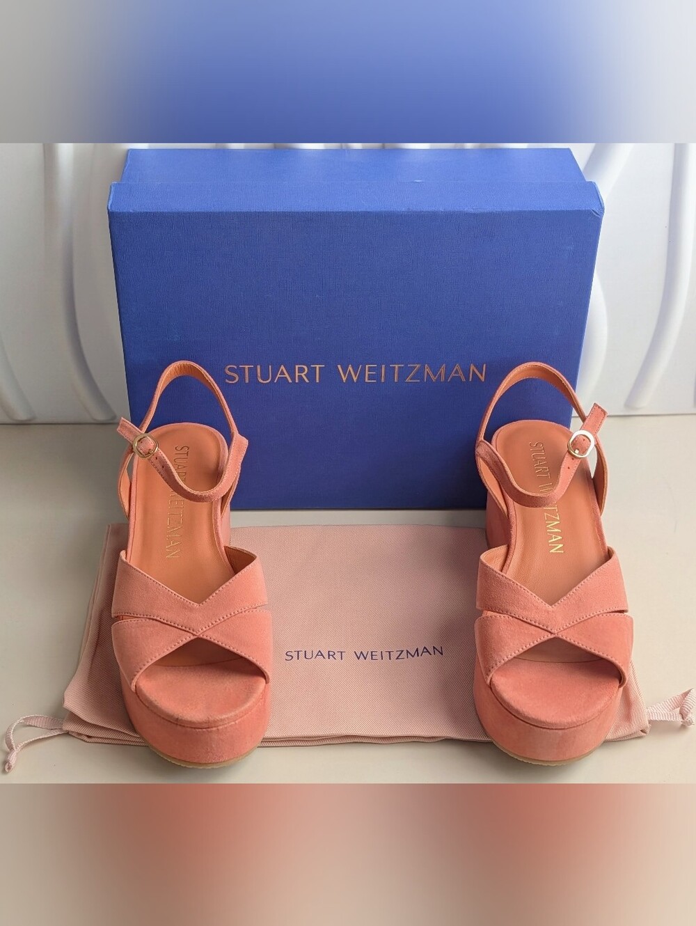 Stuart Weitzman Carmen Midi Wedge Terracotta Suede Sandals Size 8 NIB